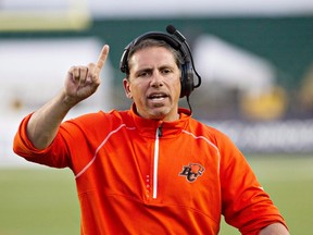 Then-B.C. Lions head coach Mike Benevides reacts to a play against the Edmonton Eskimos during second-half CFL action in Edmonton, Alta., on Friday June 13, 2014. The Eskimos announced they'd hired him as assistant head coach and defensive co-ordinator on Jan. 14, 2016.  THE CANADIAN PRESS/Jason Franson file photo