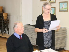 BRUCE BELL/THE INTELLIGENCER
Cherry Valley Women’s Institute treasurer Lynda Westervelt introduces Prince Edward County Memorial Hospital Foundation chairman Leo Finnegan at its monthly meeting in Cherry Valley this week. Finnegan updated members on foundation and hospital activities.