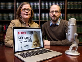 Ottawa criminal defence lawyer Michael Spratt (R) is using his weekly podcast "The Docket" to discuss the legal issues in the Netflix show "Making A Murderer". Spratt is joined by his partner Emilie Taman, a lawyer who has worked extensively as a prosecutor. Errol McGihon/Ottawa Sun/Postmedia Network