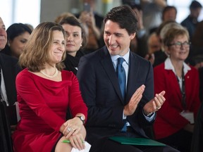 Canadian Prime Minister Justin Trudeau (right) applauds Chrystia Freeland, the federal Minister of International Trade, as she is introduced at a news conference following their visit to the Centre for Commercialization of Regenerative Medicine in Toronto on Wednesday January 13, 2016. THE CANADIAN PRESS/Chris Young
