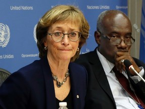 Canadian judge Marie Deschamps, left, chair of the Independent Review Panel on UN Response to Allegations of Sexual Abuse by Foreign Military Forces in the Central African Republic, is joined by panel member Hassan Jallow at a news conference at the United Nations, Thursday, Dec. 17, 2015. The United Nations' "gross institutional failure" to act on allegations that French and other peacekeepers sexually abused children in the Central African Republic led to even more assaults, according to a new report released Thursday. (AP Photo/Richard Drew)