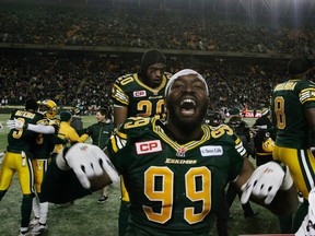 Willie Jefferson celebrates after the Eskimos downed the Stampeders 45-31 at Commonwealth Stadium on Nov. 22 to win the CFL Western title. Tom Braid/Edmonton Sun