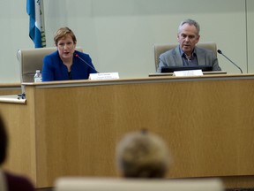 President of Embro company 31st Line Strategic Communications Karen Sample, along with Hamilton city manager Chris Murray (from left to right), answers a question regarding social media at a leadership forum at the Oxford County administrative building on Thursday. (BRUCE CHESSELL/Sentinel-Review)