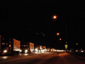 Traffic was backed up on Highway 3 last night when it was closed due to a fatal motor vehicle accident. Ezra Black photo/Crowsnest Pass Herald