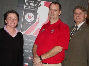 Sarah Mitchell, IFF competition co-ordinator, toured the Sports Centre Friday in advance of the 2016 U19 women's floorball world championships, May 2-8. Accompanying Mitchell from left are Brett Davis, president of the Belleville organizing committee, and Mark Fluhrer, Belleville's director of recreation, culture and community services. (Paul Svoboda/The Intelligencer)