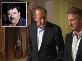This Jan. 14, 2016 image released by CBS News/60 Minutes shows Charlie Rose, left, with actor Sean Penn during an interview in Santa Monica, Calif., about Penn's meeting with Mexican drug lord Joaquin "El Chapo" Guzman (inset). The interview will air Sunday on "60 Minutes." (CBS News/60 Minutes via AP/REUTERS)