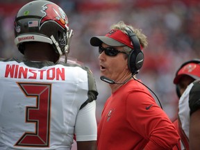 In this Nov. 15, 2015, file photo, Tampa Bay Buccaneers offensive coordinator Dirk Koetter talks to quarterback Jameis Winston during a game against the Dallas Cowboys, in Tampa, Fla. (AP Photo/Phelan M. Ebenhack, File)