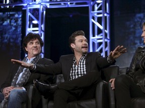 Host Ryan Seacrest (C), mentor Scott Brochetta (L), and judge Keith Urban of "American Idol" appear during the Fox Network presentation at the Television Critics Association (TCA) winter press tour in Pasadena, California January 15, 2016. REUTERS/David McNew