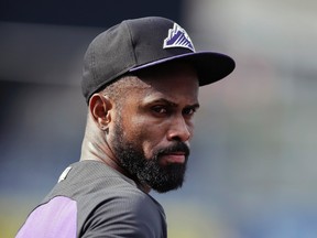 In this Sept. 9, 2015, file photo, Colorado Rockies shortstop Jose Reyes is shown prior to a game against the San Diego Padres in San Diego. (AP Photo/Gregory Bull, File)