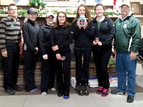 CONTRIBUTED PHOTO
Glendale High School's girls curling team won the Gore Mutual Schoolgirls Zone 15 championship in Simcoe in December. The team advanced to Regionals, which will be held in Tillsonburg, Feb. 6-7 where eight teams will play for the chance to advance to the provincial championships later in the month. From left are teacher rep/coach Alan Robinson, Lindee DeClercq, Paige Tupper, Rachael Burley, Emma Cox (with Fred, team mascot), Katie McCoy and coach Ken Patterson.