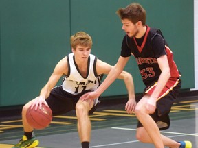 Trent Sinden cuts back to elude a Dorchester player Thursday afternoon. (CHRIS ABBOTT/TILLSONBURG NEWS)