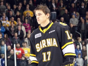 Travis Konecny has settled into his new home with the Sarnia Sting after a whirlwind week that included being traded and scoring his first-career Ontario Hockey League hat trick. The 18-year-old Clachan, Ont. native was acquired just over one week ago from the Ottawa 67's. Terry Bridge/Sarnia Observer/Postmedia Network