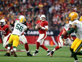 Arizona Cardinals quarterback Carson Palmer drops back to pass in the first half against the Green Bay Packers at University of Phoenix Stadium in Glendale, Ariz., on Dec. 27, 2015. (Mark J. Rebilas/USA TODAY Sports)