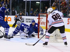 Patrick Kane of the Chicago Blackhawks scores on James Reimer of the Toronto Maple Leafs at the Air Canada Centre in Toronto on Jan. 15, 2016. (Dave Abel/Toronto Sun/Postmedia Network)
