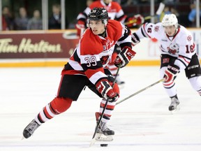 Ottawa 67's forward Chase Campbell moves the puck up ice against the Niagara IceDogs as the teams met at TD Place on Friday, Jan. 15, 2016. (Chris Hofley/Ottawa Sun)