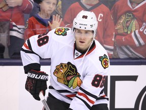 Chicago Blackhawks right wing Patrick Kane warms up before playing against the  Toronto Maple Leafs at Air Canada Centre in Toronto on Jan. 15, 2016. (Tom Szczerbowski/USA TODAY Sports)