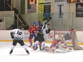 Photo by KEVIN McSHEFFREY/THE STANDARD
Wildcat Cole Hepler scored the teams fourth goal on Rayside-Balfour Canadians goaltender in the third period at the Centennial Arena on Friday.