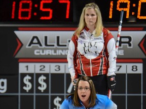 Team Sweeting skip Val Sweeting yells at her teammates to sweep the rock during the women's final of the 2016 Pinty's All-Star Curling Skins Game at the Fenlands Recreation Centre in Banff, Alta., on Sunday, Jan. 10, 2016. (Daniel Katz/ Crag & Canyon/ Postmedia Network)