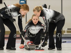 Team Morrissey members Erica Hopson, left, St. Thomas native Lynsey Longfield and Jen Ahde will be competing in the 2016 Ontario Scotties Tournament of Hearts next week in Brampton. The Ottawa-based curling team will be taking part in the tournament opening ceremonies Monday.