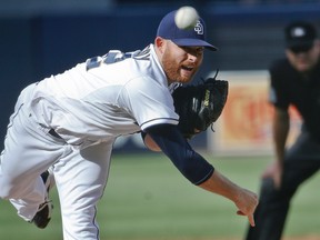In this Oct. 1, 2015, file photo, San Diego Padres starting pitcher Ian Kennedy works against the Milwaukee Brewers in San Diego. (AP Photo/Lenny Ignelzi, File)