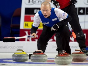 Team North America skip Pat Simmons, of Calgary, shouts to his front end as he plays against team World's Niklas Edin, of Sweden, during World Financial Group Continental Cup of Curling action in Las Vegas on Saturday Feb. 16, 2016. THE CANADIAN PRESS/HO-Michael Burns