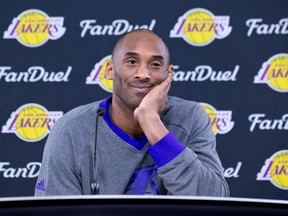 Los Angeles Lakers forward Kobe Bryant talks with the media during a press conference prior to the game against the Utah Jazz at Vivint Smart Home Arena in Salt Lake City, Utah on Saturday, January 16, 2016. (Russ Isabella-USA TODAY Sports)