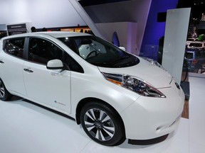 A Nissan Leaf electric car is displayed at the North American International Auto Show in Detroit on Jan. 12. REUTERS/Mark Blinch