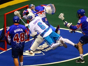 After contributing four points in the Knighthawks’ win over the Rock at the Air Canada Centre on Thursday night, the Rochester forward and Oakville native had five goals and an assist to help his team complete the home-and-home-sweep on Saturday night at Blue Cross Arena in New York. The Rock are 0-3 to start the season. (DAVE ABEL/TORONTO SUN)