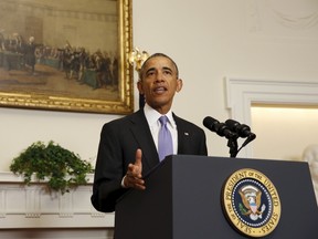 U.S. President Barack Obama delivers a statement on Iran at the White House in Washington, January 17, 2016. Obama signed an executive order on Saturday lifting sanctions on Iran related to its nuclear program after Tehran fulfilled requirements under a nuclear agreement with world powers, the White House said. REUTERS/Yuri Gripas