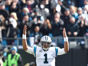 Carolina Panthers quarterback Cam Newton reacts during the first quarter against the Seattle Seahawks in an NFC divisional round playoff game at Bank of America Stadium in Charlotte on Jan. 17, 2016. (John David Mercer/USA TODAY Sports)