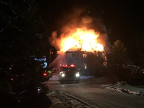 A home more than a century old that once housed the community hospital burns in Glenboro, Man., on Sat., Jan. 17, 2016. (Photo courtesy of Keith Anderson)