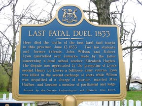 An Ontario historic marker stands at the location of the final fatal duel in the province, in 1833 in Perth, though the sign stops short of the town’s claim that it was Canada’s last deadly duel.