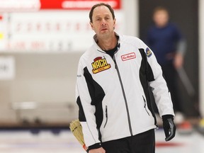 Skip Glen Hansen watches a shot during the B Final versus the Cross rink at the Northern Alberta Curling Association's Boston Pizza Cup NACA Men's Northern Playdown at Leduc Recreation Centre in Leduc, Alta., on Sunday January 17, 2016. Ian Kucerak/Edmonton Sun/Postmedia Network