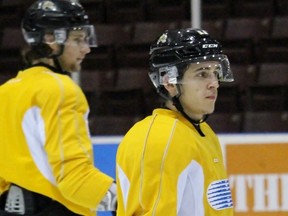 The Sarnia Sting are still without a captain since Daniel Nikandrov was traded to Peterborough Nov. 12, and Travis Konecny, pictured during practice at the Sarnia Sports and Entertainment Centre on Thursday, Jan. 14, 2016 in Sarnia Ont., is one of the logical candidates. Konecny was the captain of the Ottawa 67's prior to being traded to the Sting. (Terry Bridge, Sarnia Observer)