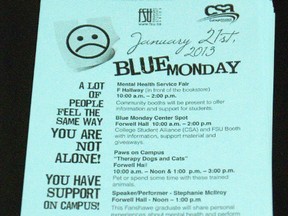 Fanshawe College held a new mental health awareness event Monday Jan 21. 2013 to raise awareness and support for Blue Monday 2013. FILE PHOTO