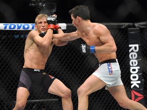 Dominick Cruz (blue) punches TJ Dillashaw (red) during a world bantamweight championship bout at UFC Fight Night at the TD Garden. Mandatory Credit: Bob DeChiara-USA TODAY Sports