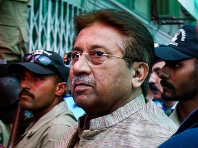 In this Saturday, April 20, 2013 file photo, Pakistan's former president and military ruler Pervez Musharraf arrives at an anti-terrorism court in Islamabad, Pakistan.  (AP Photo/Anjum Naveed, File)