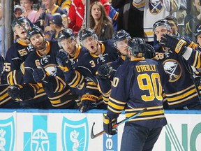 Ryan O’Reilly is congratulated by his teammates. This year the former Seaforth Star has been chosen to play in the 2016 Honda NHL All-Star Game.(Courtesy of the Buffalo Sabres Twitter)