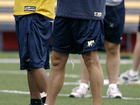 Mike Gibson, shown here at a Blue Bombers practice in 2005, will be taking over as Eskimos offensive line coach in 2016. (Postmedia Network file)