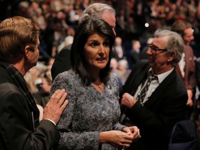 South Carolina Governor Nikki Haley talks to people in the audience during the Fox Business Network Republican presidential candidates debate in North Charleston, South Carolina, January 14, 2016. REUTERS/Chris Keane