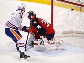 Taylor Hall scores on Panthers goalie Al Montoya during the first period of Monday's game in Sunrise, Fla. (USA TODAY SPORTS)