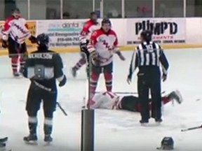 A screen shot of the London Lakers-Kingsville Kings brawl. (YouTube)