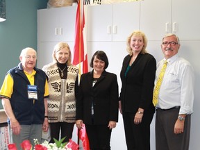 Sarnia Kiwanis Foundation's Terry North, Sarnia City Manager Margaret Misek-Evans, LKCC executive director Bev MacDougall, MP Marilyn Gladu and Golden K Kiwanis President Bob Lutz celebrate the addition of a new automatic, accessible door opener at the Lochiel Kiwanis Community Centre on Jan. 12.
CARL HNATYSHYN/SARNIA THIS WEEK