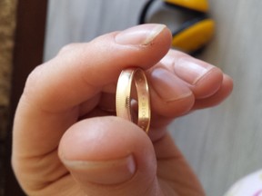 Jessica Gosselin found this anniversary ring on Jan. 15, 2015 on Pipeline Road and is trying to return it to the rightful owner. It reads: Eddy + Betty, May 16, 1965, 25th anniversary.