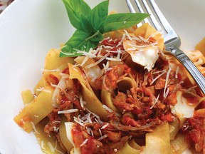 MOZZARELLA AND PULLED PORK RAGU WITH PAPPARDELLE NOODLES