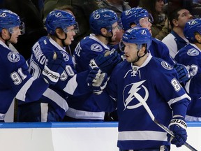 Tampa Bay Lightning right wing Nikita Kucherov (86), of Russia, celebrates with the bench after his goal against the Edmonton Oilers during the first period of an NHL hockey game Tuesday, Jan. 19, 2016, in Tampa, Fla. (AP Photo/Chris O'Meara)