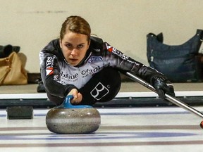 Skip Erin Morrissey delivers a rock Tuesday during round-robin play at the 2016 Ontario Scotties Tournament of Hearts at the Brampton Curling Club. (DAVE THOMAS/Toronto Sun)