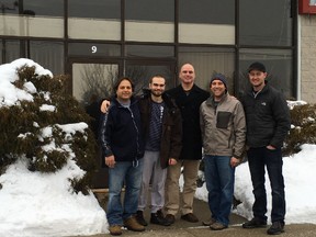 Frank Raso, Josh Bowes, Carl Bloomfield, Moe Morris and Chad Paton (from left to right) all standing in front of what will soon be the Upper Thames Brewing Company on Bysham Street in Woodstock. The group hope to open their craft brewery in the beginning of June. (Submitted)