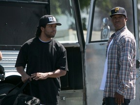 This photo provided by Universal Pictures shows, O'Shea Jackson, Jr., left, as Ice Cube and Corey Hawkins as Dr. Dre, in the film, "Straight Outta Compton." (Handout)