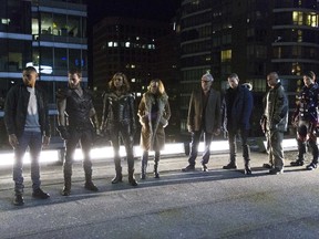 (L-R) Franz Drameh, Falk Hentschel, Ciara Renee, Caity Lotz, Victor Garber, Wentworth Miller, Dominic Purcell and Brandon Routh.